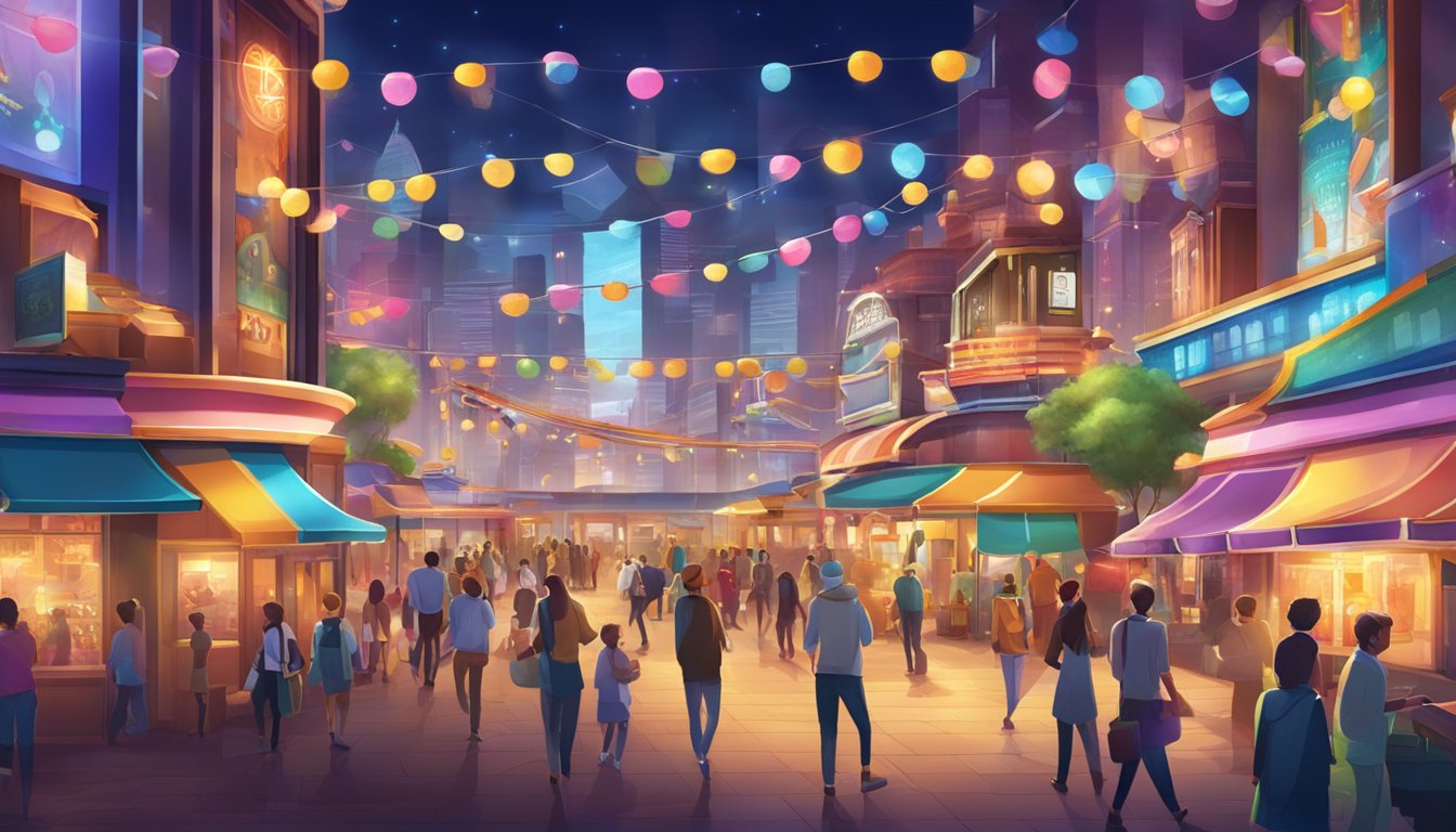 A bustling entertainment city with various game options and activities. Bright lights and colorful displays create a lively atmosphere