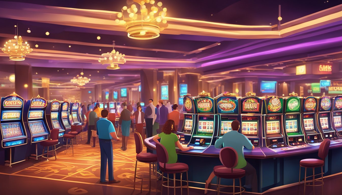 A bustling casino with bright lights, slot machines, and card tables. Customers enjoy games and socialize in the lively atmosphere