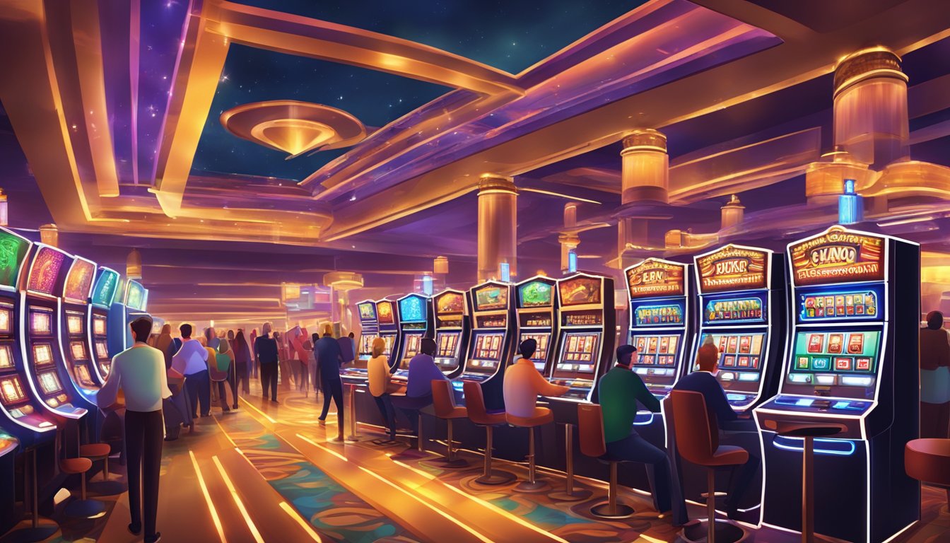 A bustling casino with colorful lights and slot machines, surrounded by people enjoying various games and entertainment