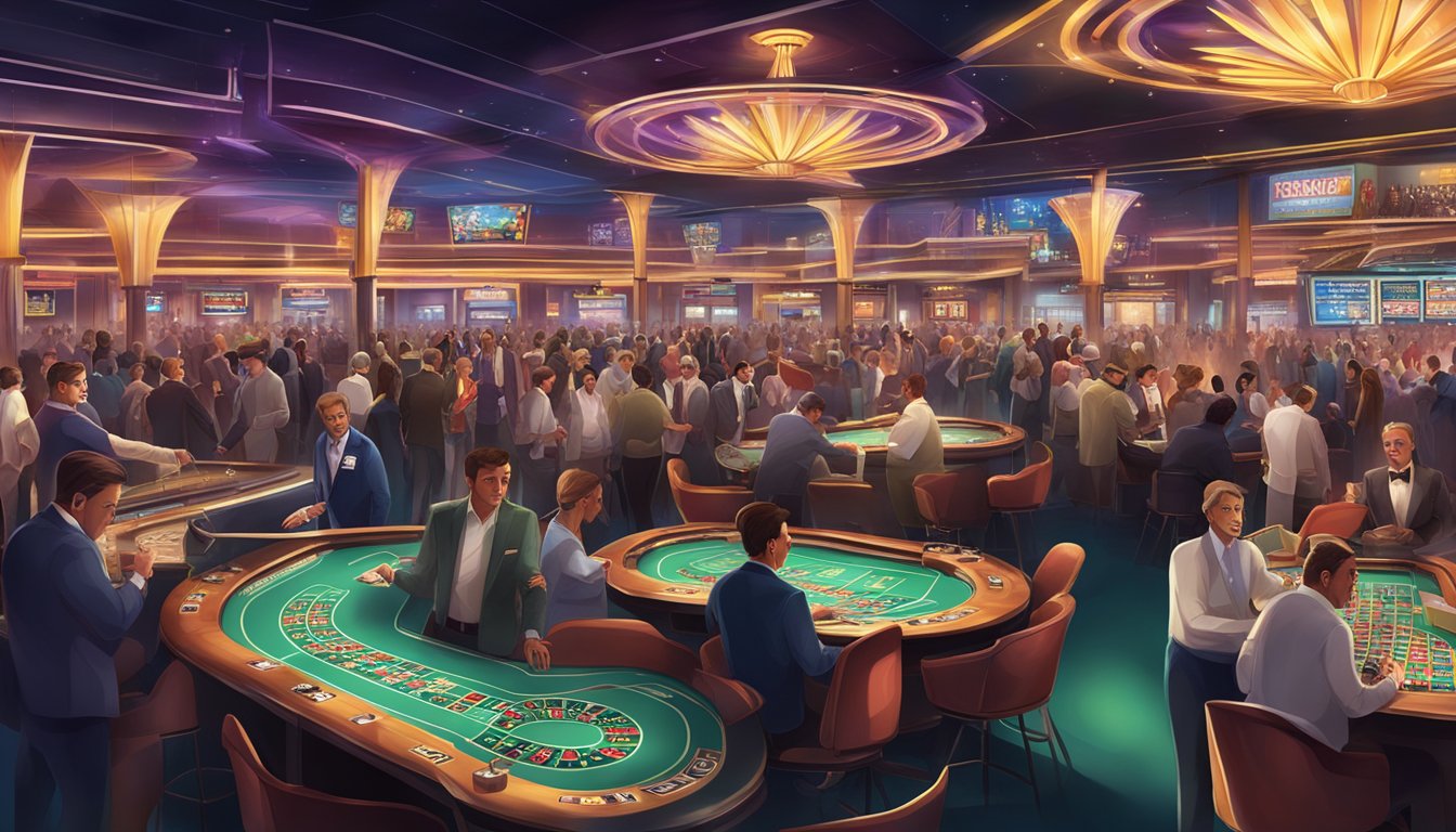 A bustling casino filled with high-tech security measures and a vibrant atmosphere of fairness and entertainment