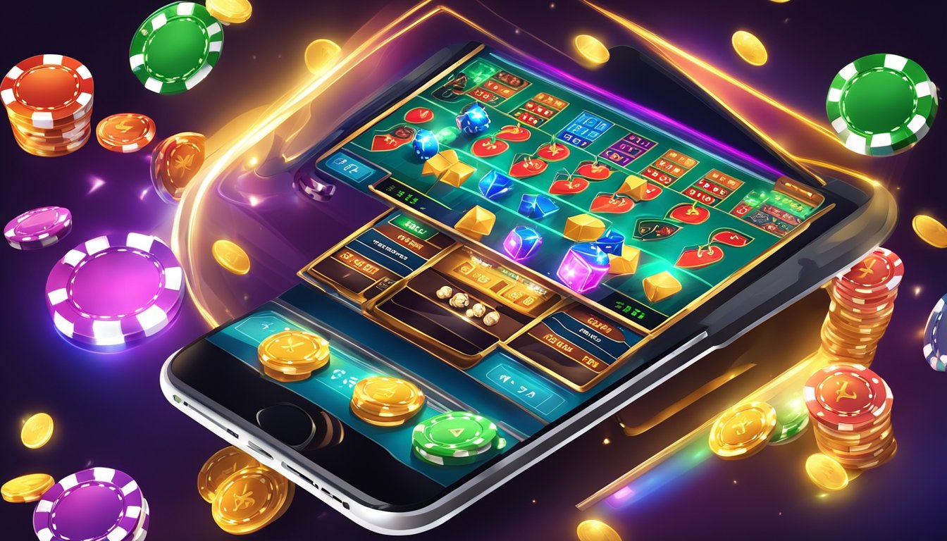 A mobile device with a casino app open, showing colorful slot machines and table games, with bright lights and a lively atmosphere