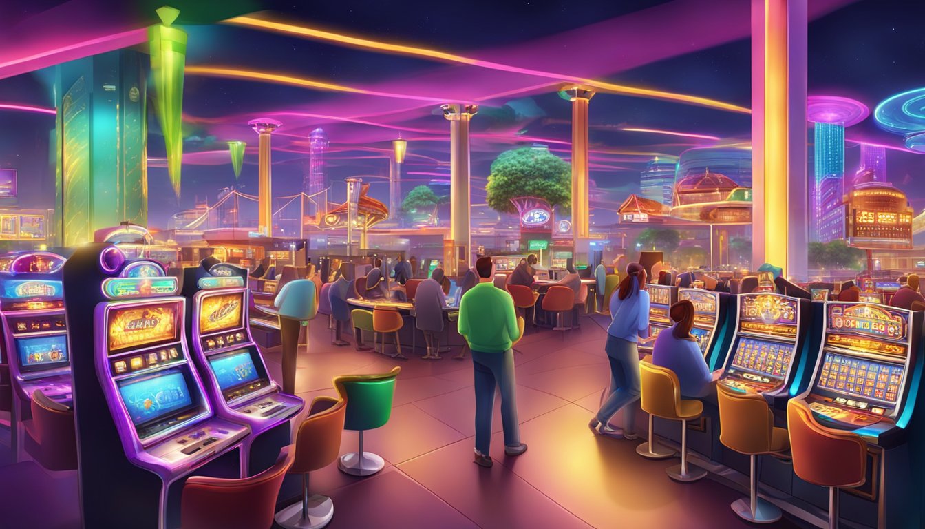 An online entertainment city with colorful lights, slot machines, card tables, and a lively atmosphere