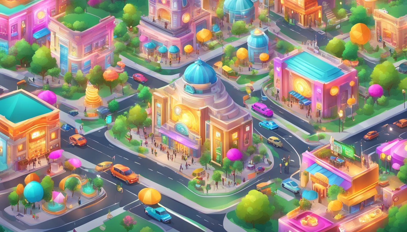 A bustling online entertainment city, filled with vibrant colors and flashing lights, featuring various rewards and promotional activities