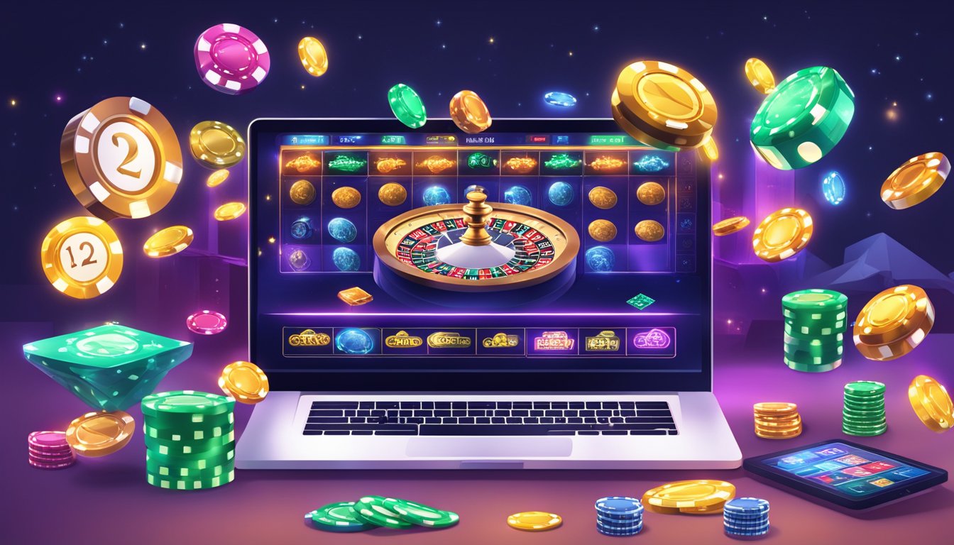 A bustling online casino with responsible gambling measures in place. Bright lights, sleek interface, and a variety of games on display