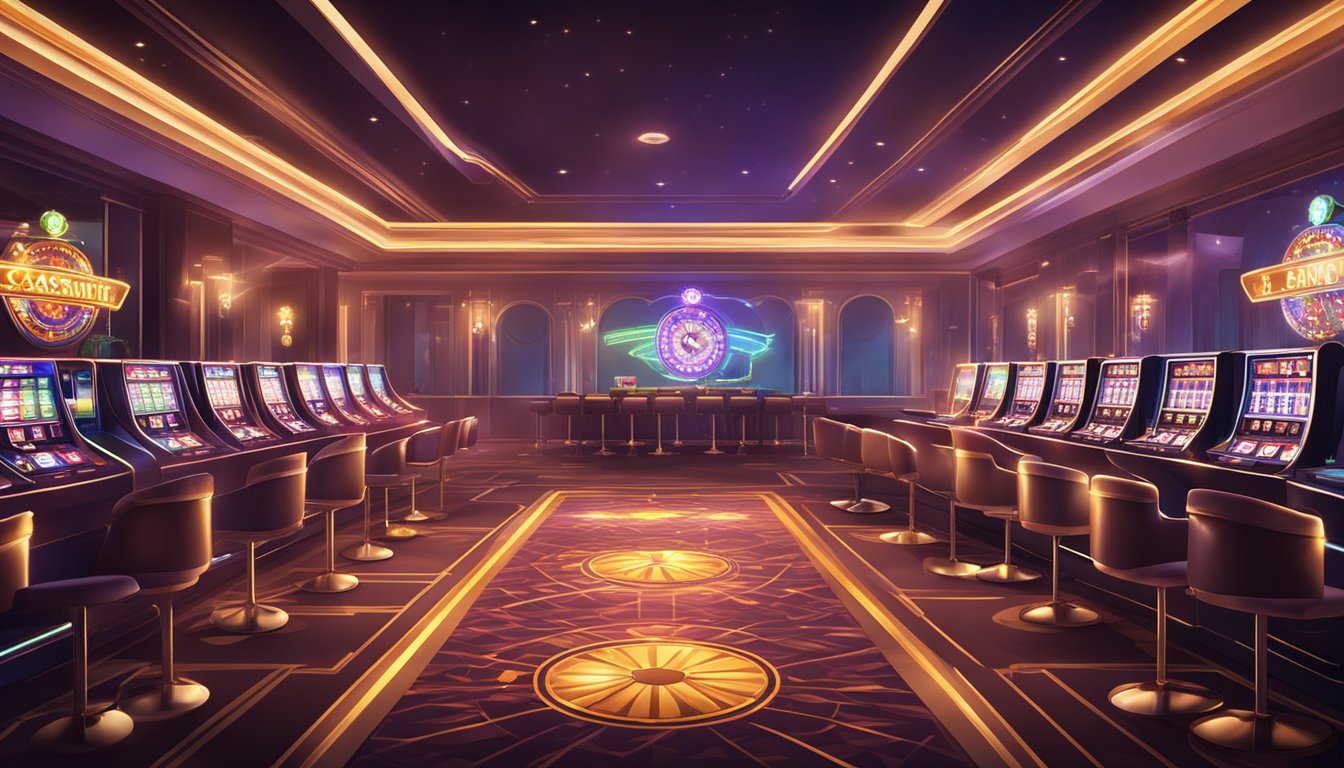 A modern online casino with a focus on safety and fairness. Bright lights and sleek design create an inviting atmosphere