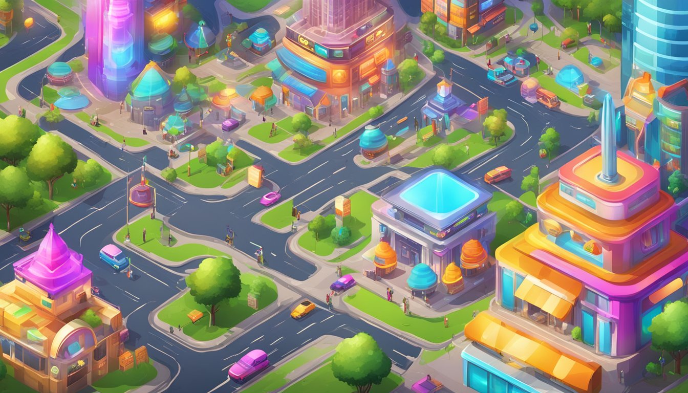 A bustling online entertainment city with vibrant colors, flashing lights, and a variety of games and activities to choose from