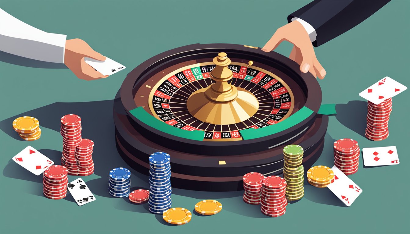 A roulette wheel spinning, cards being dealt, and chips being stacked at an online casino