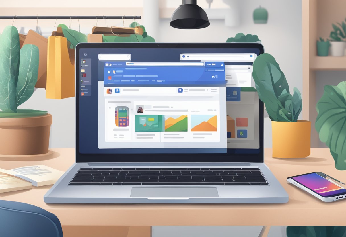 A laptop with both Instagram and Facebook open, displaying various products for sale. A smartphone with the Facebook Marketplace app open, showing listings and a notification badge