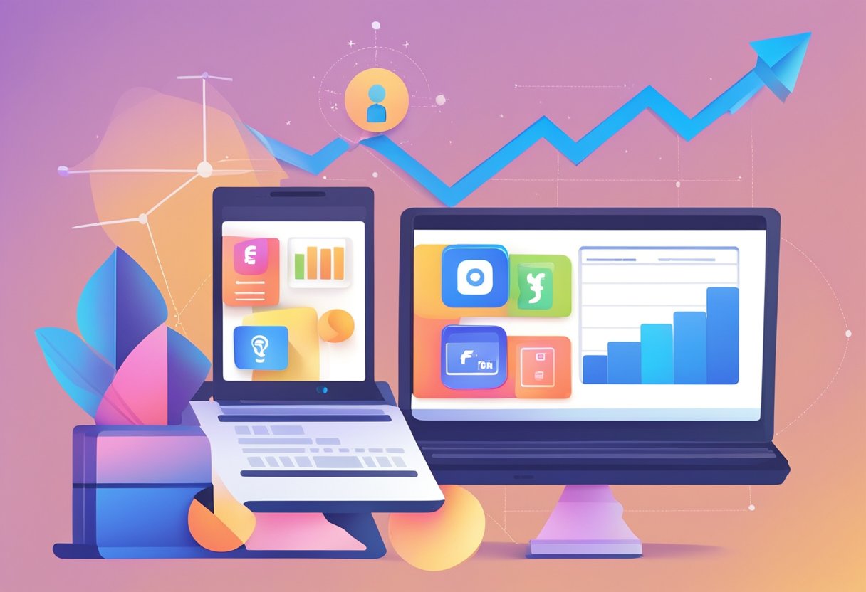 A computer with Instagram and Facebook open, with a graph showing an upward trend, and a scale representing growth and success in social commerce