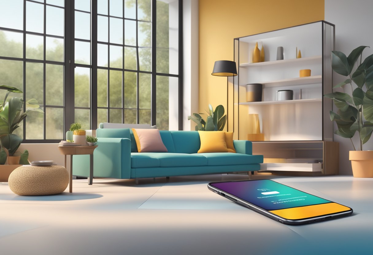 A smartphone displaying an online store with a 3D model of a product superimposed in a real-world setting, such as a living room or outdoor space