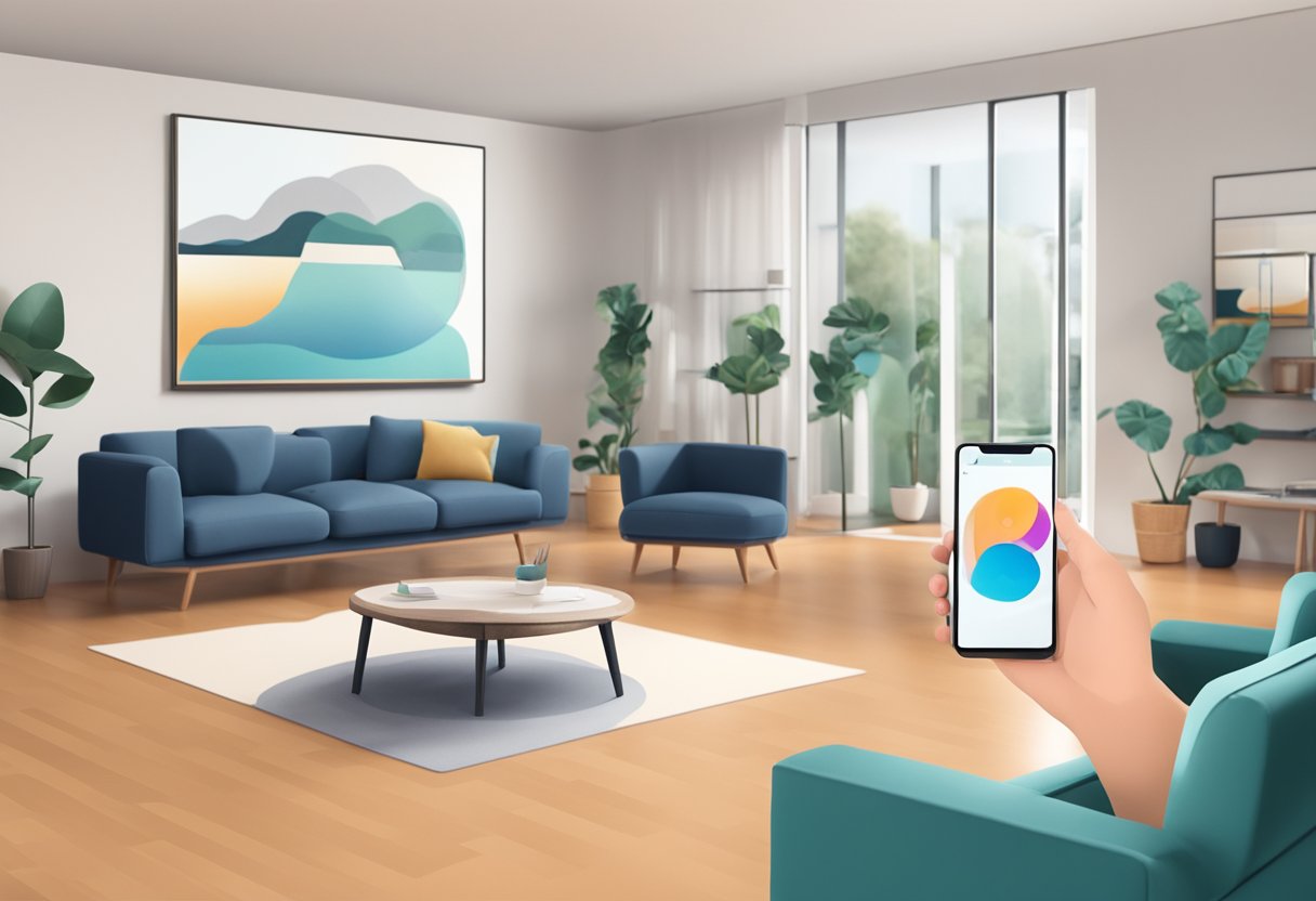 A smartphone displaying a virtual furniture piece overlaid onto a real living room setting, with the user interacting with the AR interface