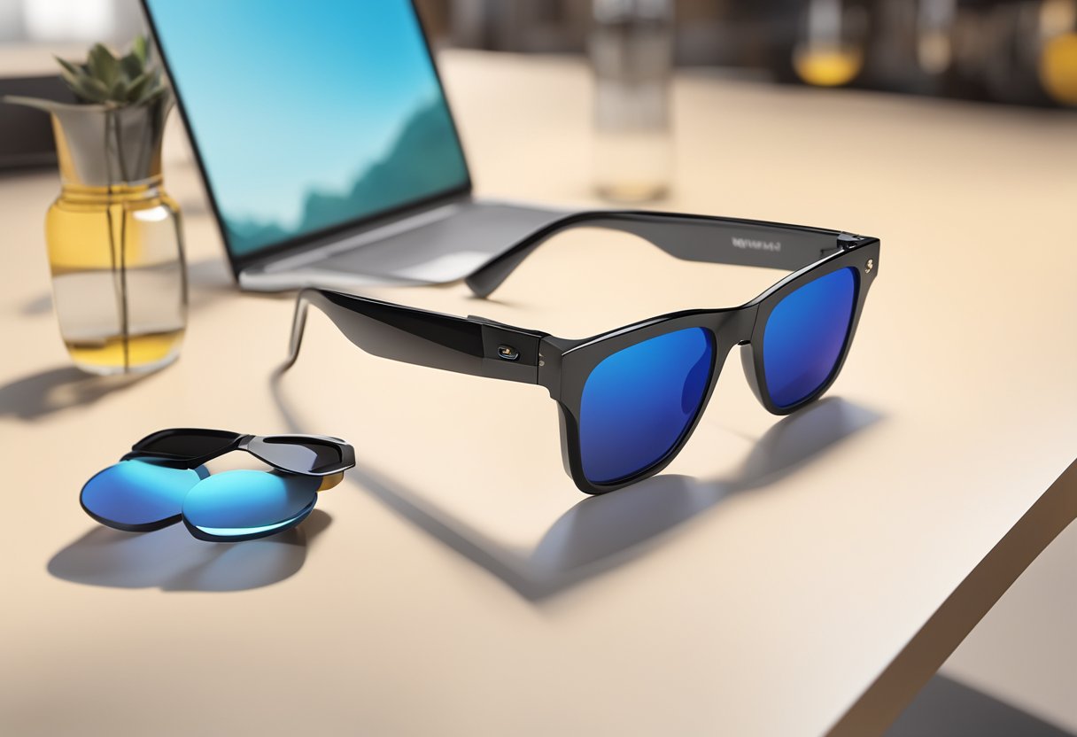 A virtual try-on of a pair of sunglasses using augmented reality in an online store. The customer's phone displays the AR feature superimposing the sunglasses onto their environment