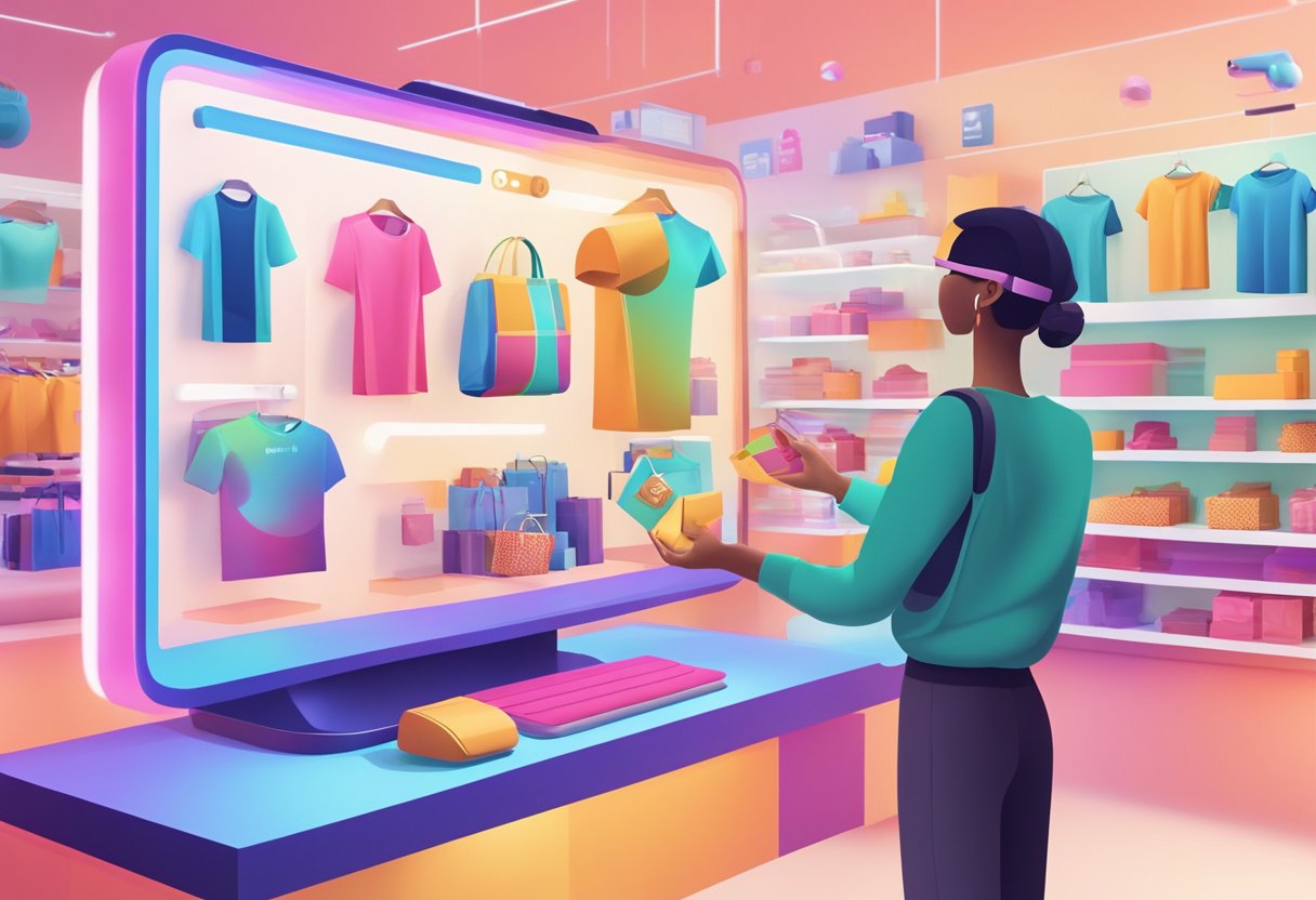 A computer screen displaying an online store with AR technology overlaying virtual objects onto real-world products. An excited customer interacts with the virtual objects, enhancing their shopping experience