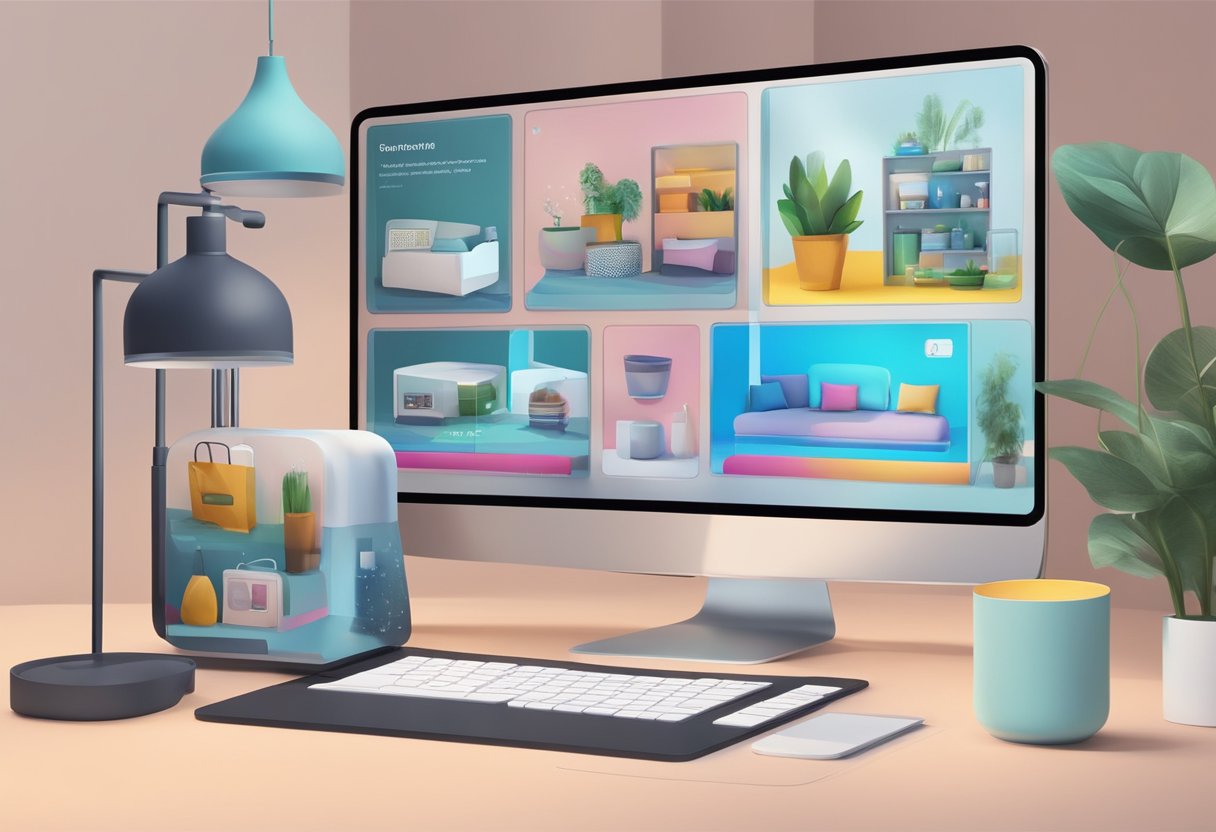 A computer screen displaying an online store with AR technology overlaying virtual product images onto the real world environment