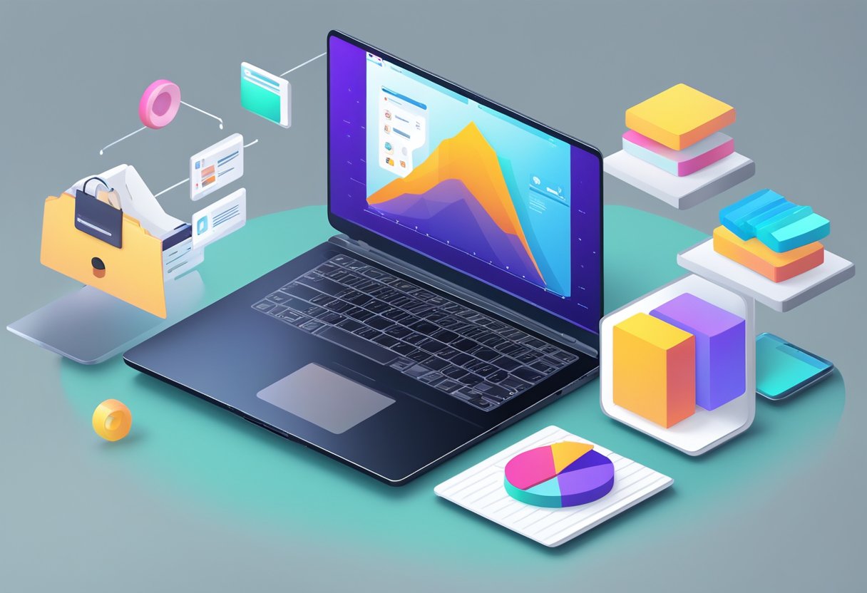 A laptop displaying an online store with AR technology overlaying virtual products onto a real-world environment. Data charts and graphs show performance optimization