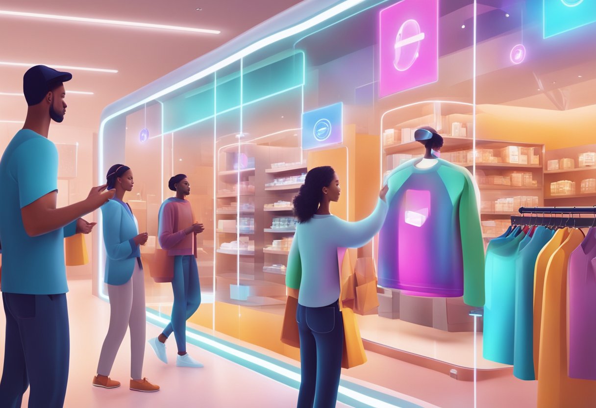 A futuristic online store with AR technology displaying virtual products in a real-world environment. Customers interact with digital overlays and holographic images for an immersive shopping experience