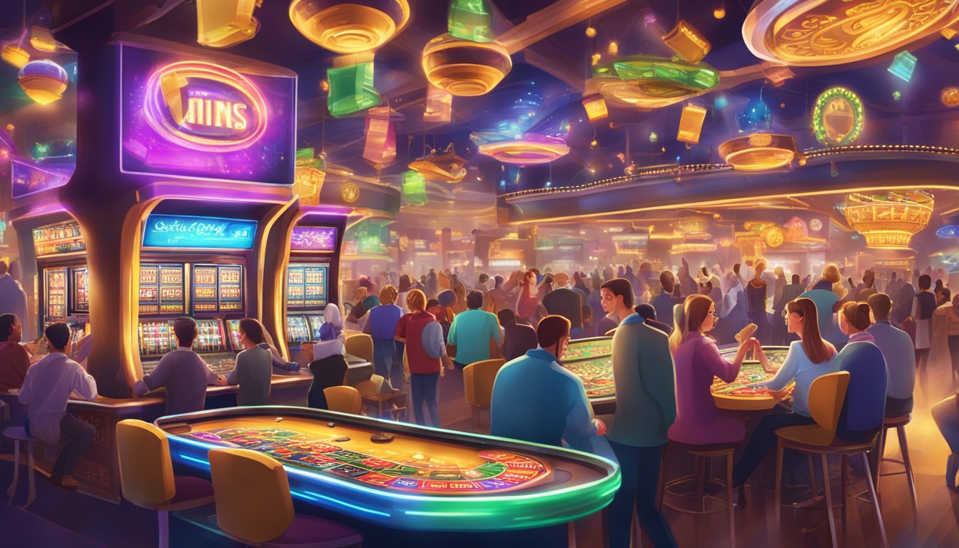 A bustling entertainment city with bright lights, colorful slot machines, and lively card tables, surrounded by excited patrons and the sound of clinking coins