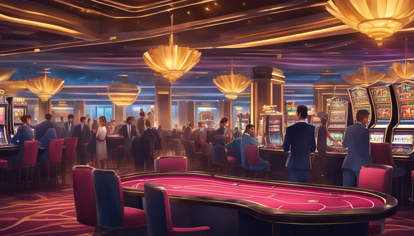 A vibrant casino environment with modern gaming machines, elegant card tables, and sophisticated security measures. The atmosphere is lively and inviting, with a mix of excitement and safety