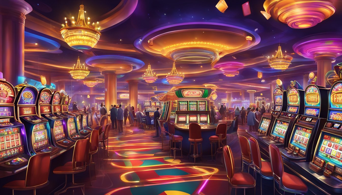 A vibrant and lively casino scene with colorful slot machines, card tables, and flashing lights, creating an atmosphere of excitement and entertainment