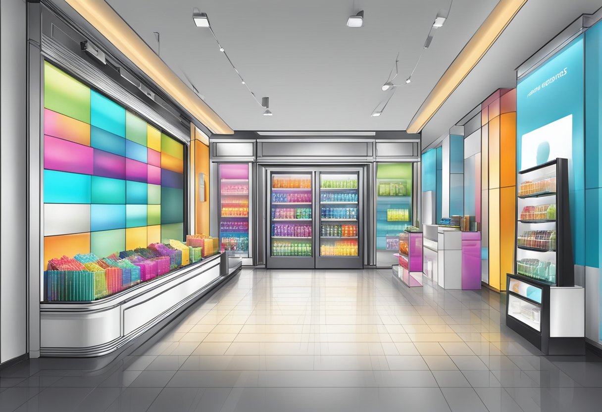 A modern, sleek storefront with vibrant displays and interactive digital screens showcasing products