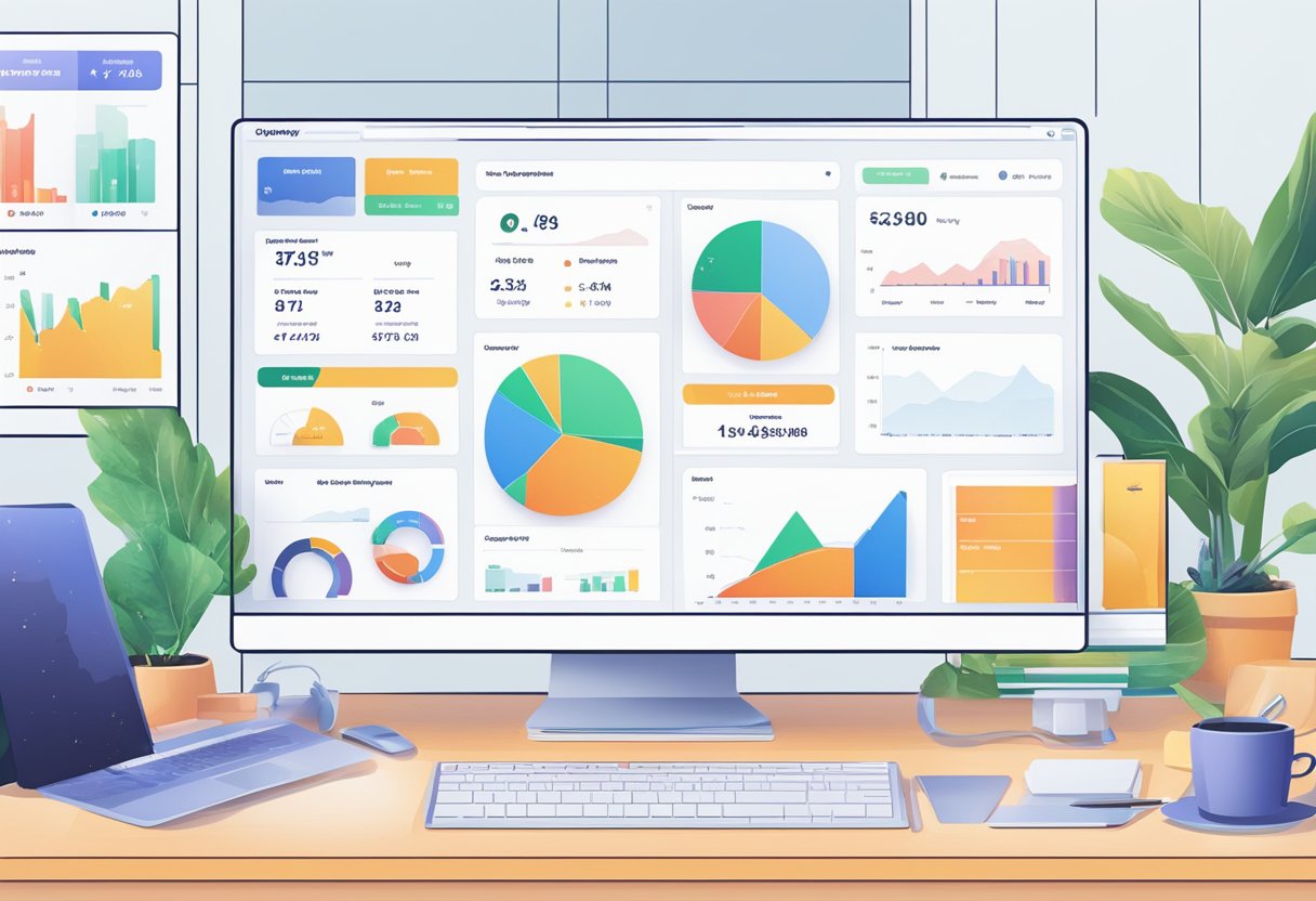 A computer screen displaying a Shopify dashboard with various new features highlighted, surrounded by products and sales data charts