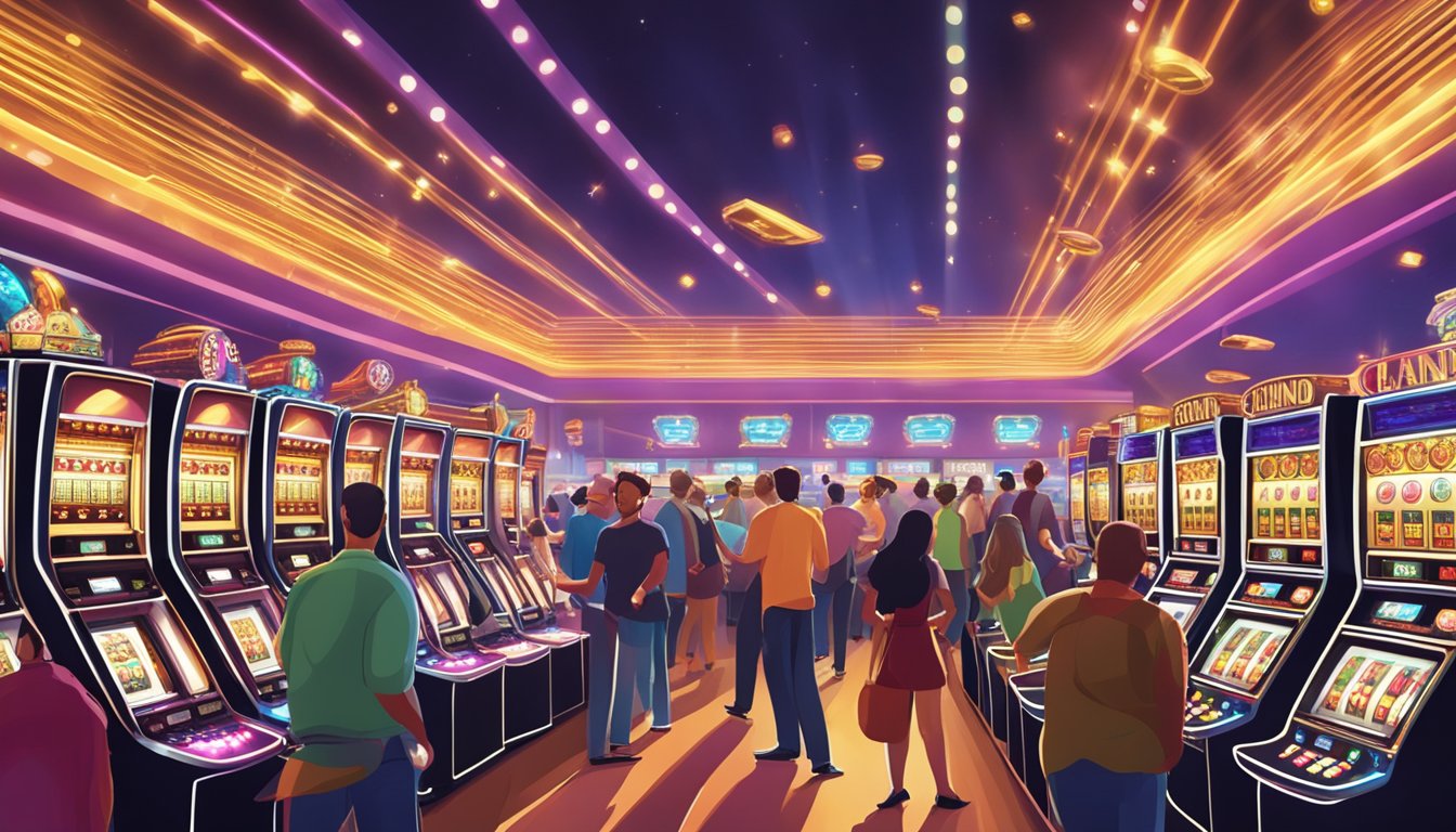 A bustling casino floor with flashing lights and rows of slot machines, surrounded by excited patrons and the sound of clinking coins