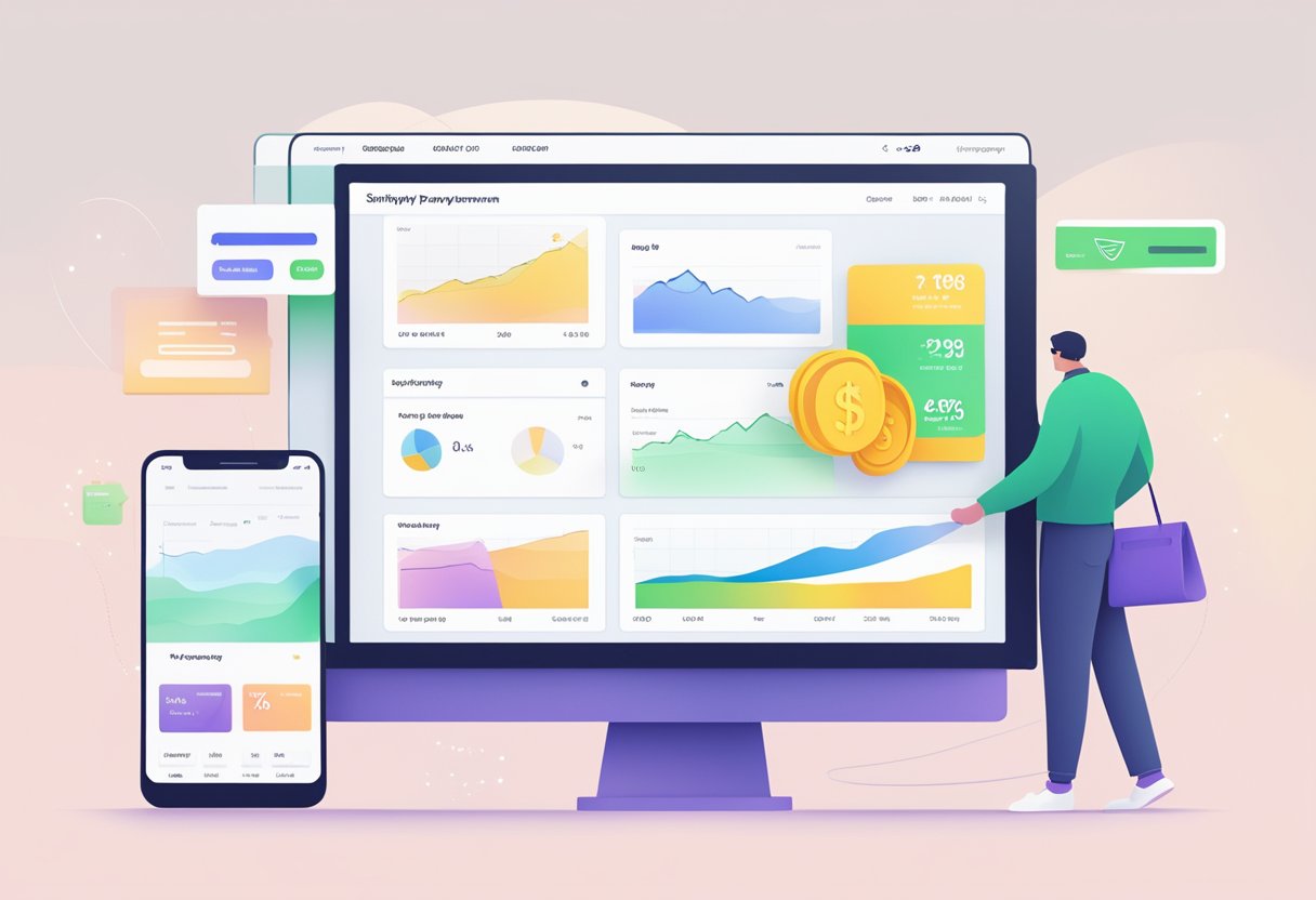 A computer screen displaying Shopify's new payment features with a streamlined checkout process and increased sales graph