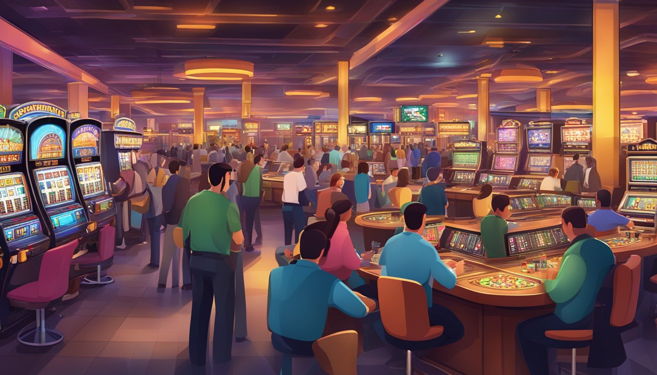 A bustling entertainment city with bright lights, slot machines, and tables surrounded by eager customers and attentive staff