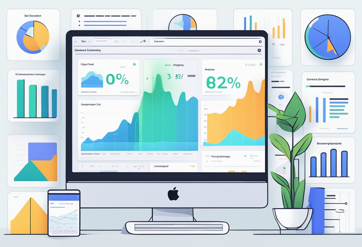 A computer screen displays Shopify's new features for boosting sales, surrounded by charts and graphs of sales data