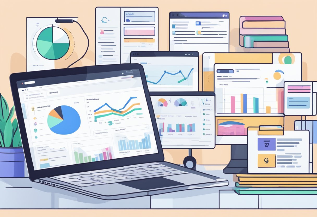 A laptop displaying the Shopify dashboard with various new features highlighted, surrounded by SEO best practice guides and marketing materials