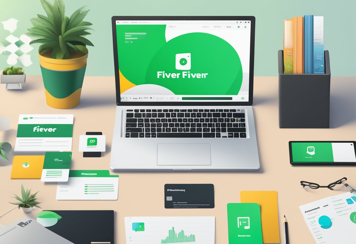 A laptop with a Fiverr homepage displayed, surrounded by various marketing materials and tools such as business cards, flyers, and social media icons