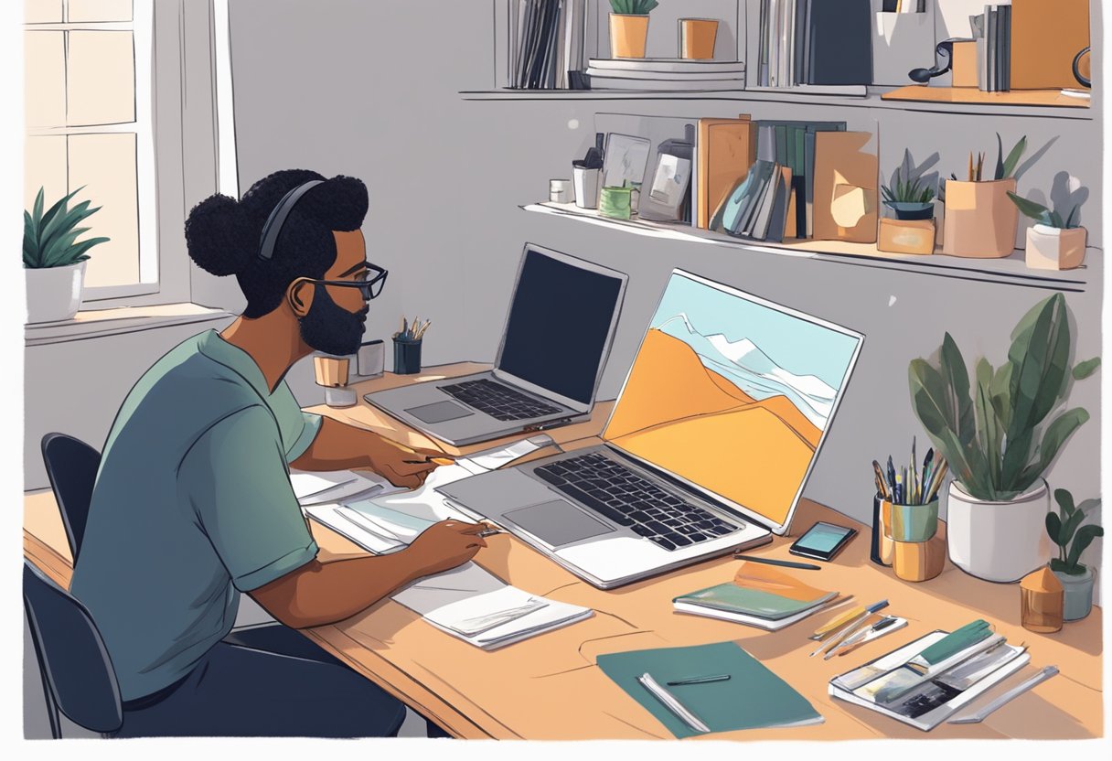 A freelance illustrator sits at a desk, working on a laptop, while engaging with clients on Fiverr. The room is filled with art supplies and a mood board for inspiration