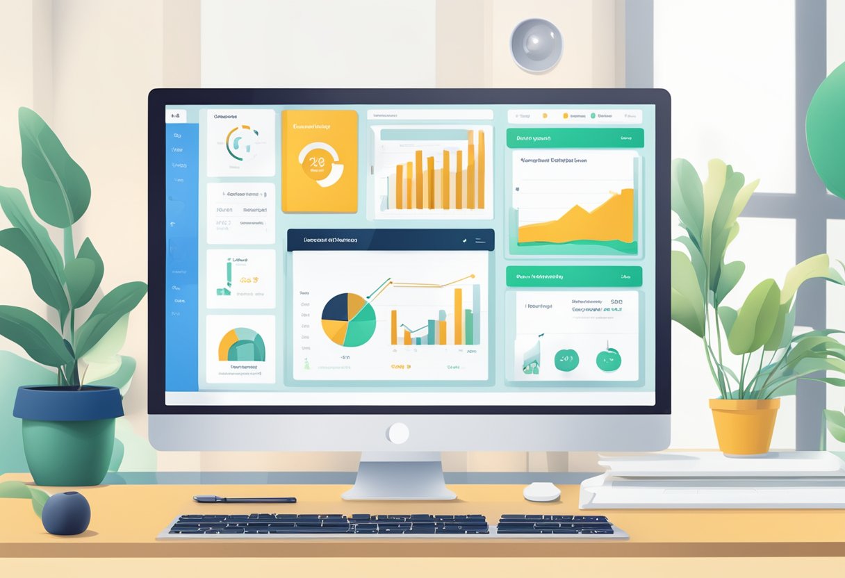 A computer screen displaying the Teachable platform with a course dashboard, sales analytics, and customization options. A stylized logo and branding elements are visible