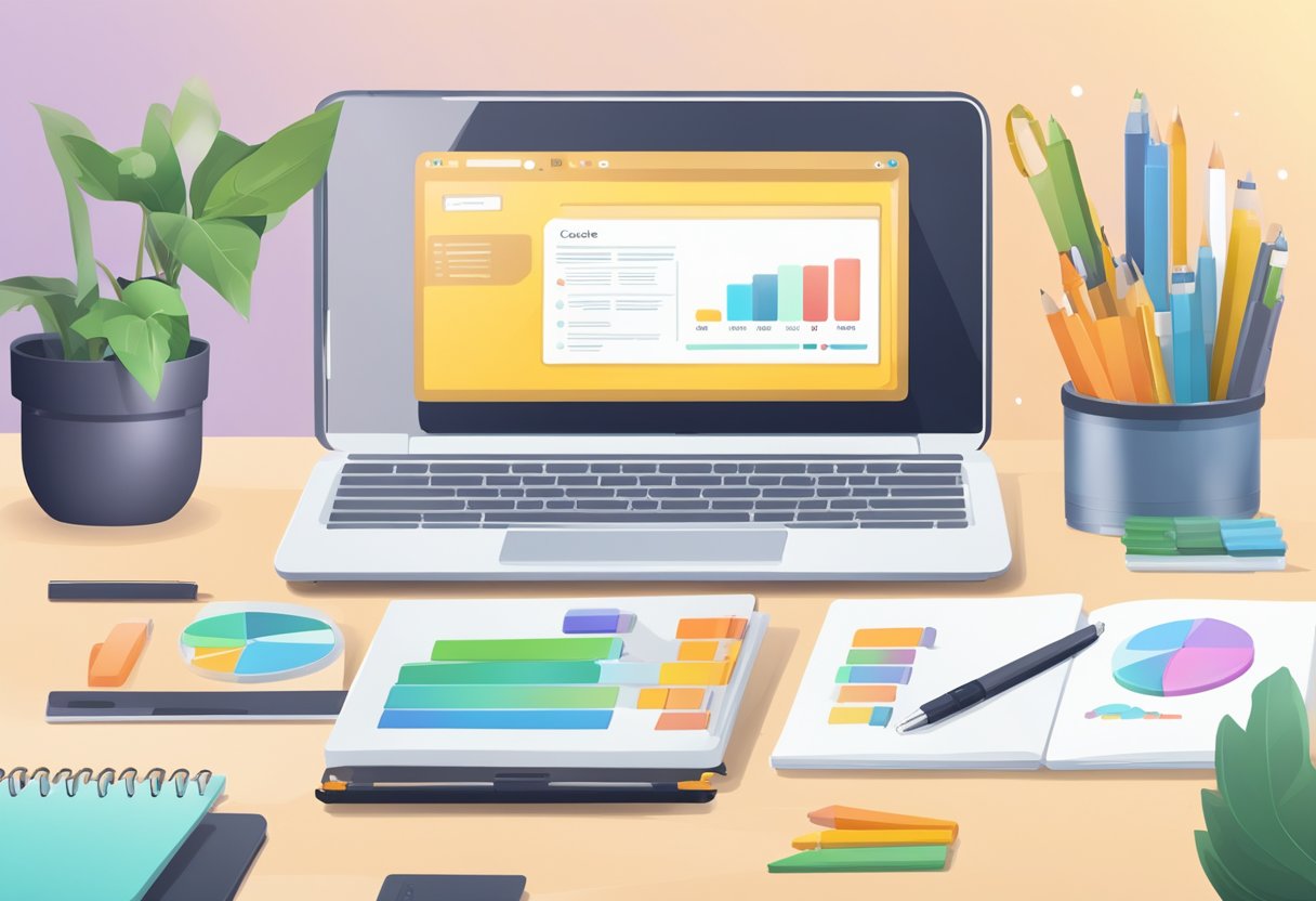 A laptop displaying a Teachable dashboard with course creation tools and sales analytics. A desk with a notebook and pen