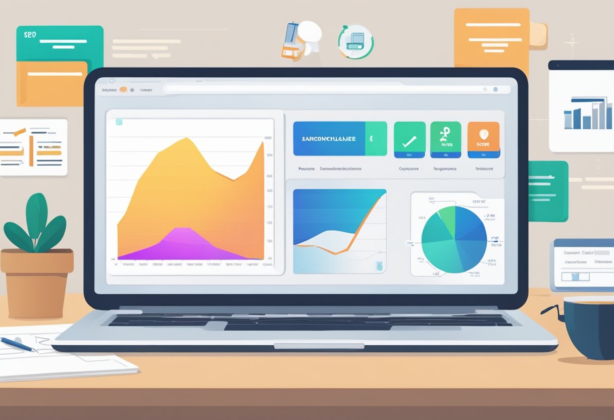 A laptop with a Teachable dashboard open, displaying various online courses. A growth chart showing increasing sales and student enrollment. Icons representing different course topics