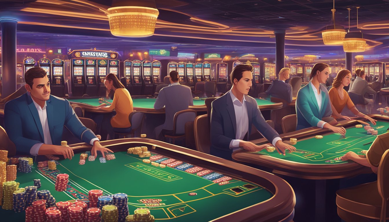 A bustling casino with rows of slot machines, colorful flashing lights, and the sound of coins clinking. Patrons sit at card tables, focused on their game