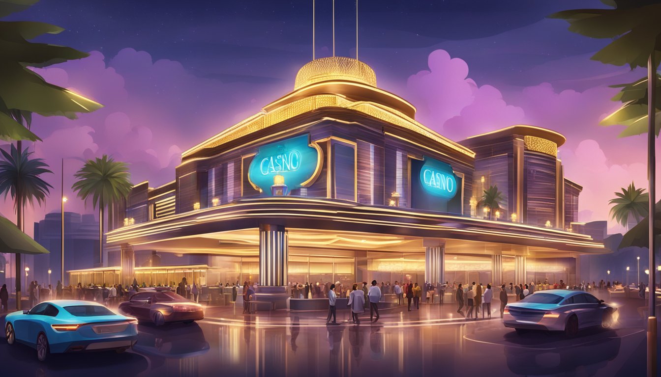 A bustling casino with bright lights and sleek, modern architecture, emphasizing safety and fairness in its design