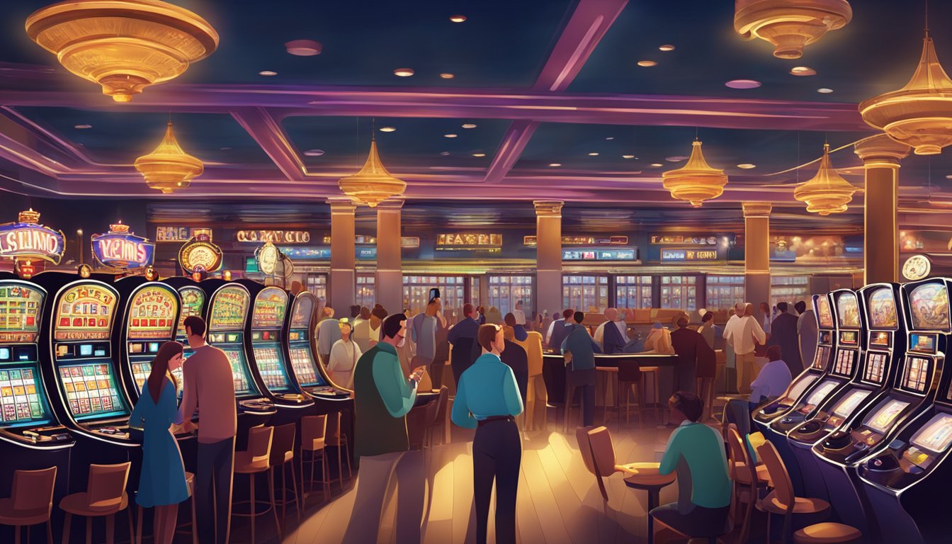 A bustling casino with bright lights, slot machines, and card tables. Customers are enjoying various games while sipping on drinks and socializing