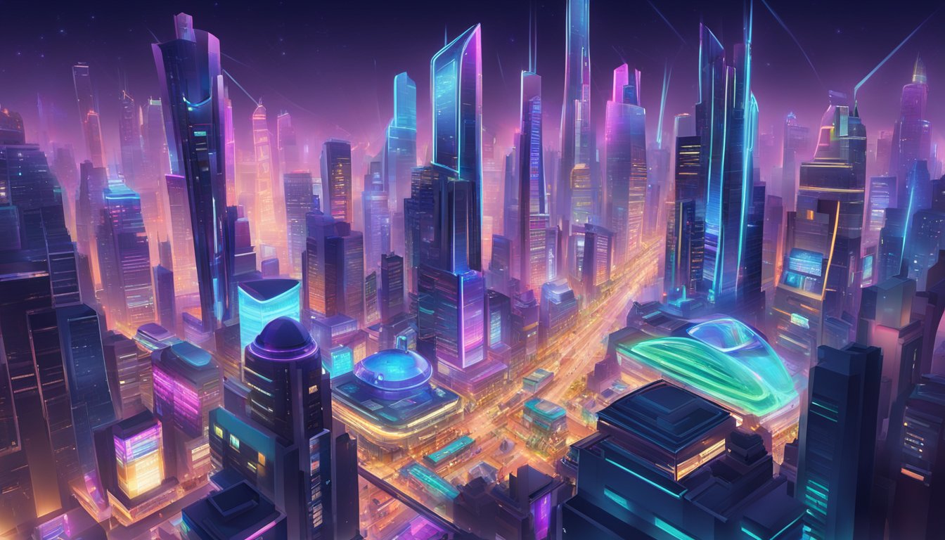 A bustling cityscape with futuristic skyscrapers, neon lights, and entertainment venues. The scene is alive with energy and excitement, showcasing the fusion of technology and entertainment