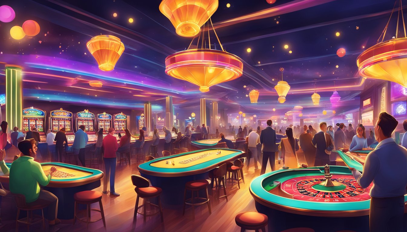 A vibrant casino with flashing lights and colorful game tables, surrounded by excited patrons and lively entertainment