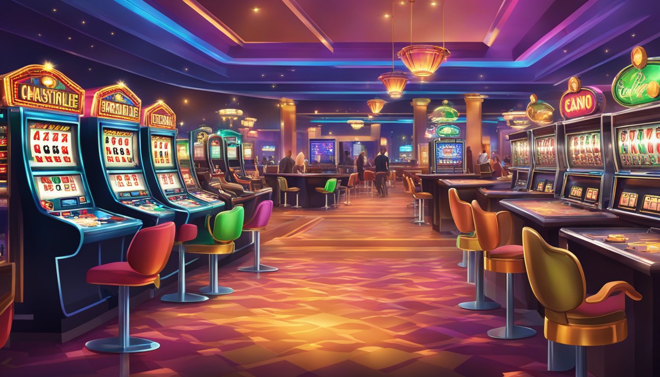 A bustling casino with bright lights, colorful slot machines, and elegant card tables, filled with excited patrons enjoying responsible gambling entertainment