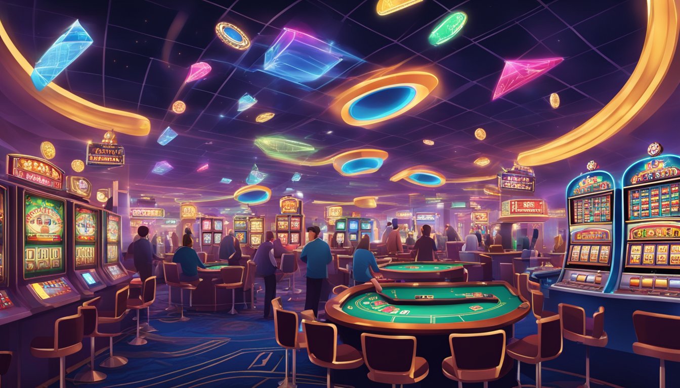 A bustling casino floor with various games like poker, roulette, and slot machines. Bright lights and colorful decorations create an exciting atmosphere