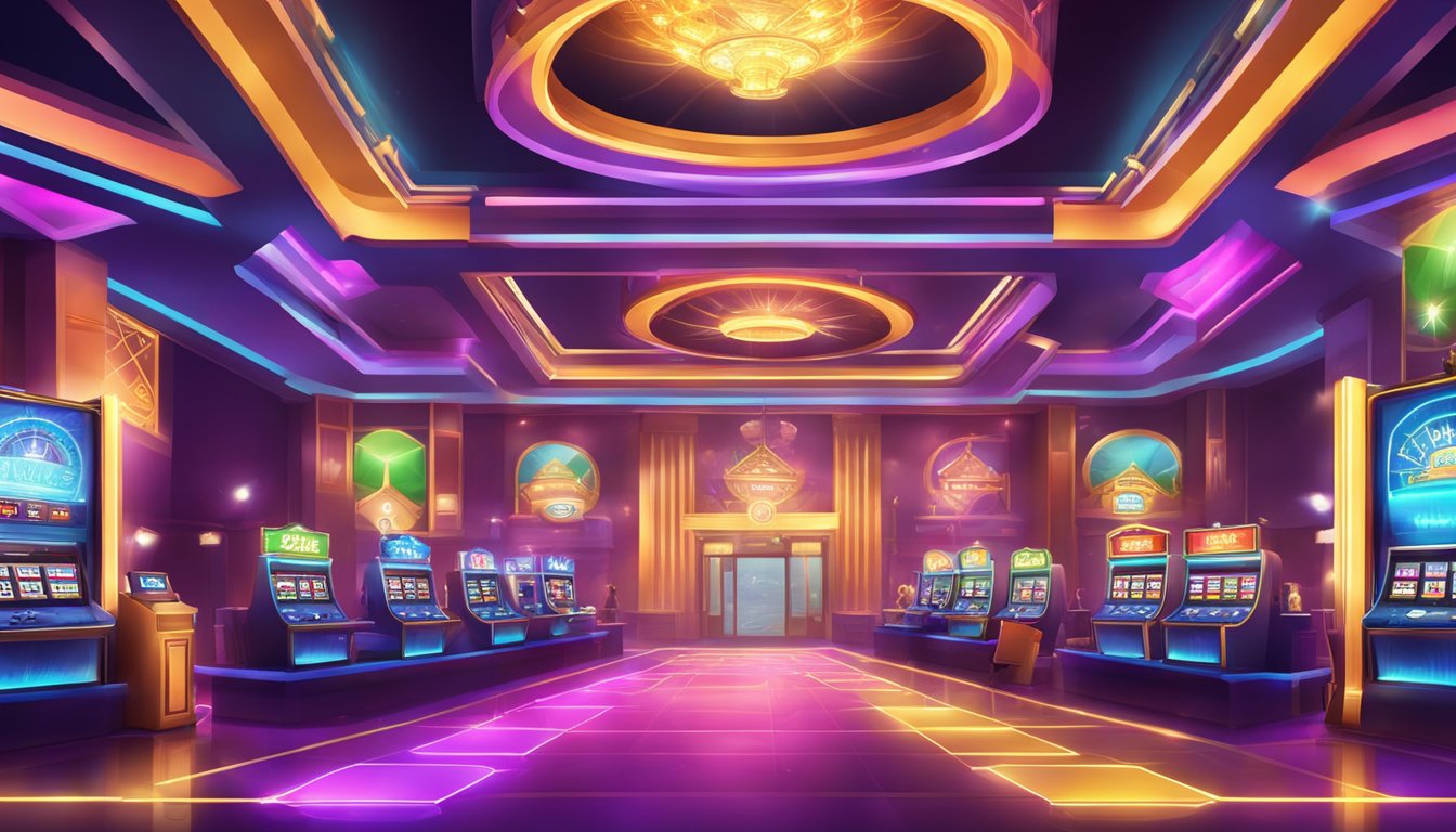 A colorful and vibrant casino lobby with registration and login screens, surrounded by flashing lights and entertainment options