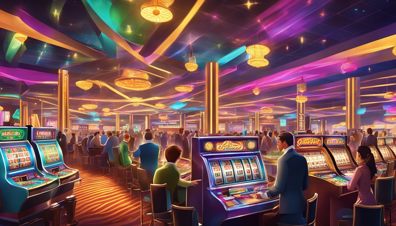 A bustling casino floor with rows of slot machines, card tables, and roulette wheels. Bright lights and colorful decorations create a lively atmosphere