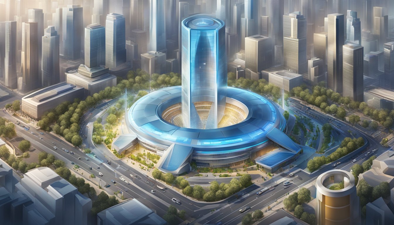 A high-tech security system protects the bustling entertainment city, surrounded by cutting-edge encryption technology