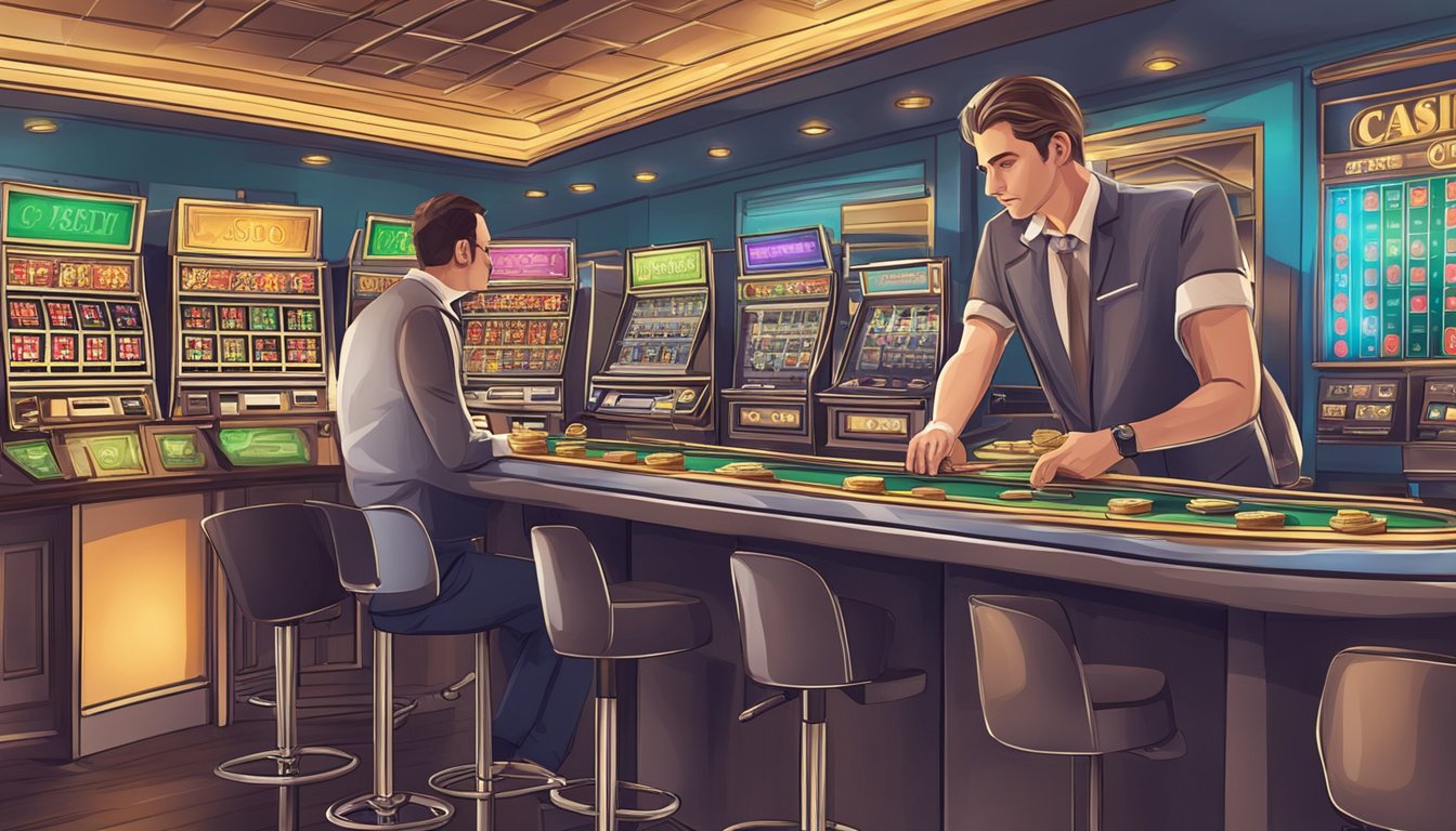 A customer at the casino counter deposits and withdraws money