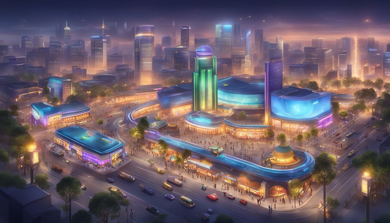 A bustling entertainment city with glowing lights and lively atmosphere, surrounded by positive reviews and player recommendations