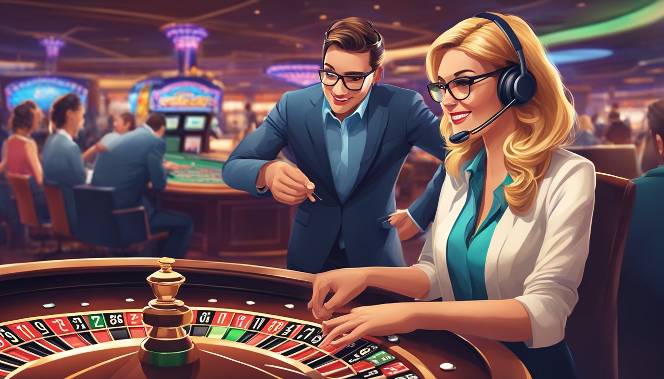 A customer service representative assists a client with technical support in a lively casino setting