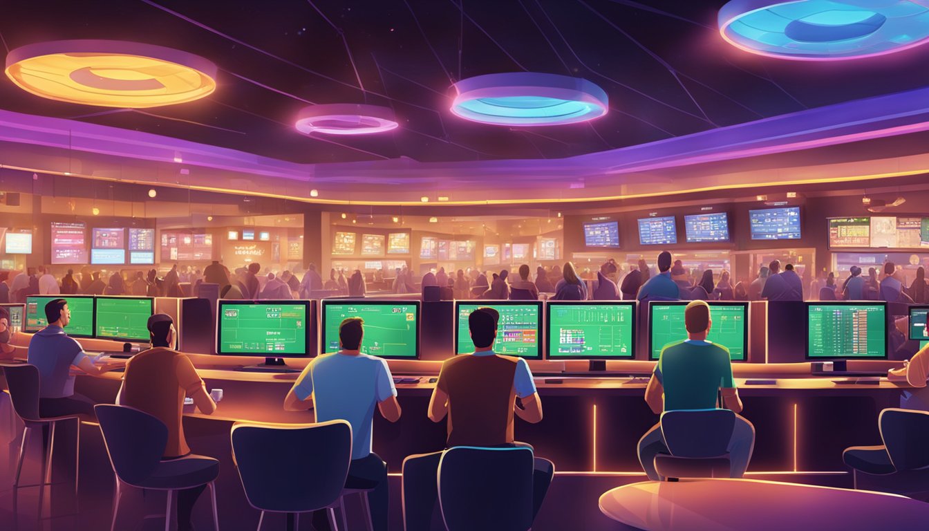 A bustling sports betting area inside a vibrant entertainment city. Bright lights, large screens, and enthusiastic patrons create an energetic atmosphere