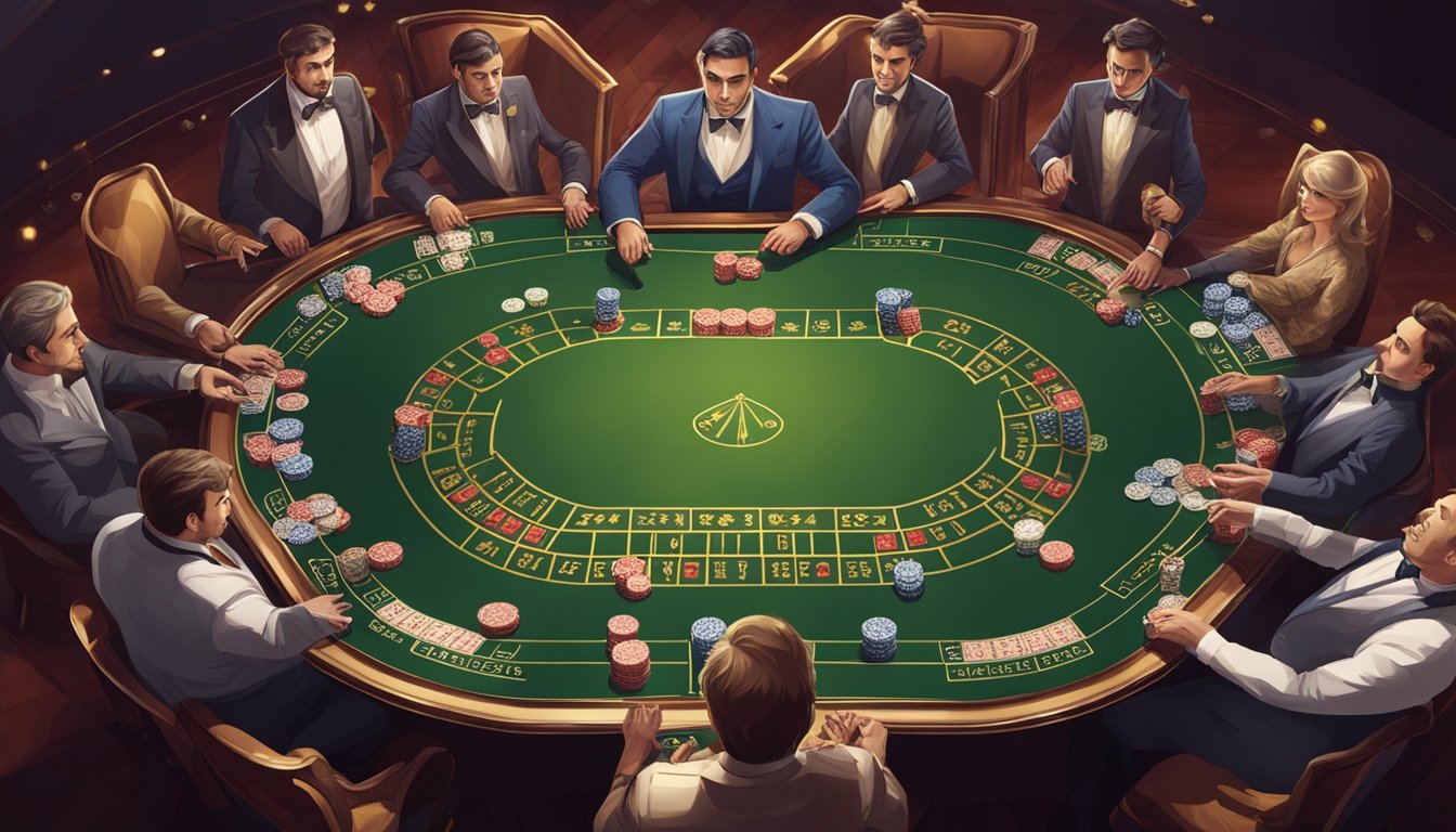 A baccarat table with cards and chips, surrounded by players and a dealer in a luxurious casino setting